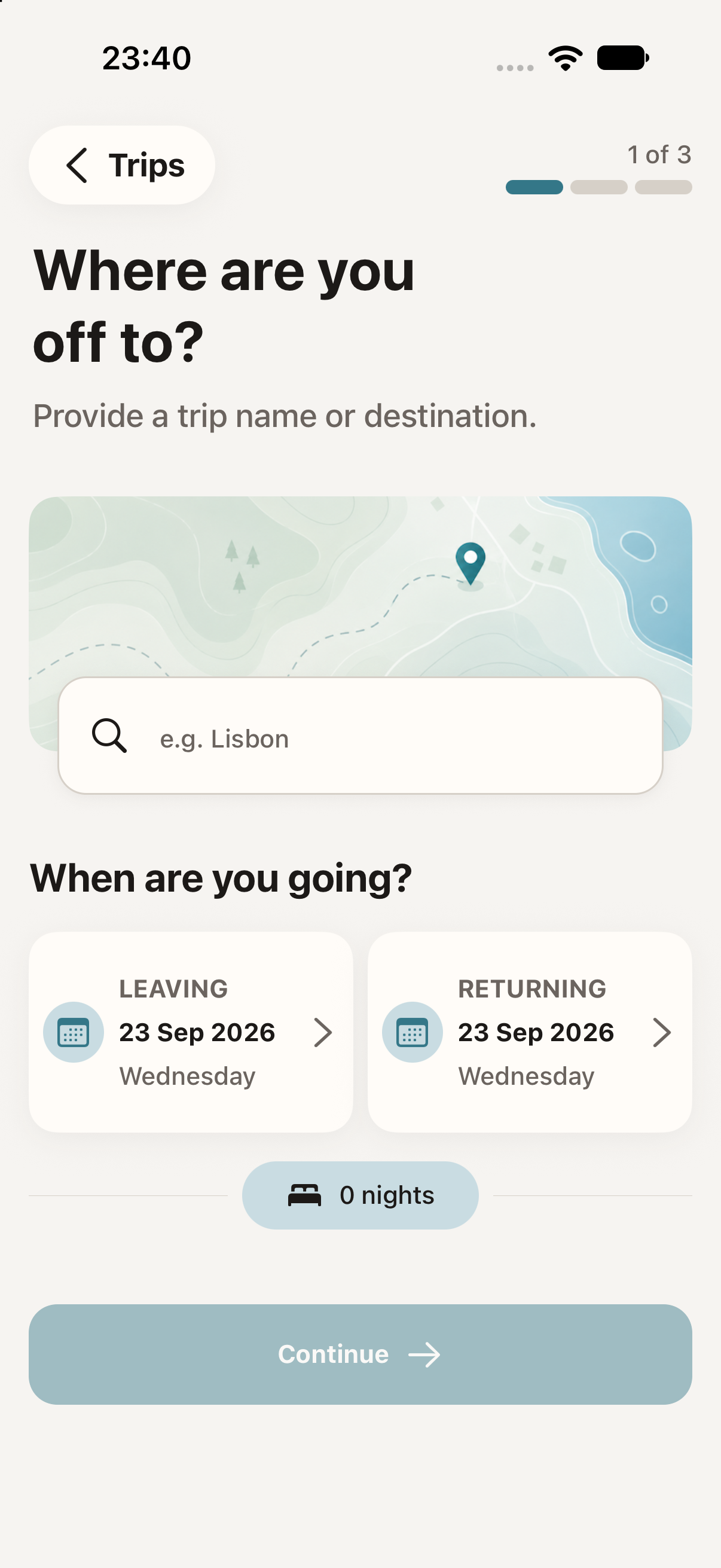 Create a Packlet trip with a destination and departure and return dates